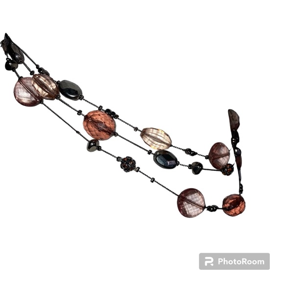 Three Strand Antique Black Chain and Amber Stone Necklace - Picture 3 of 7